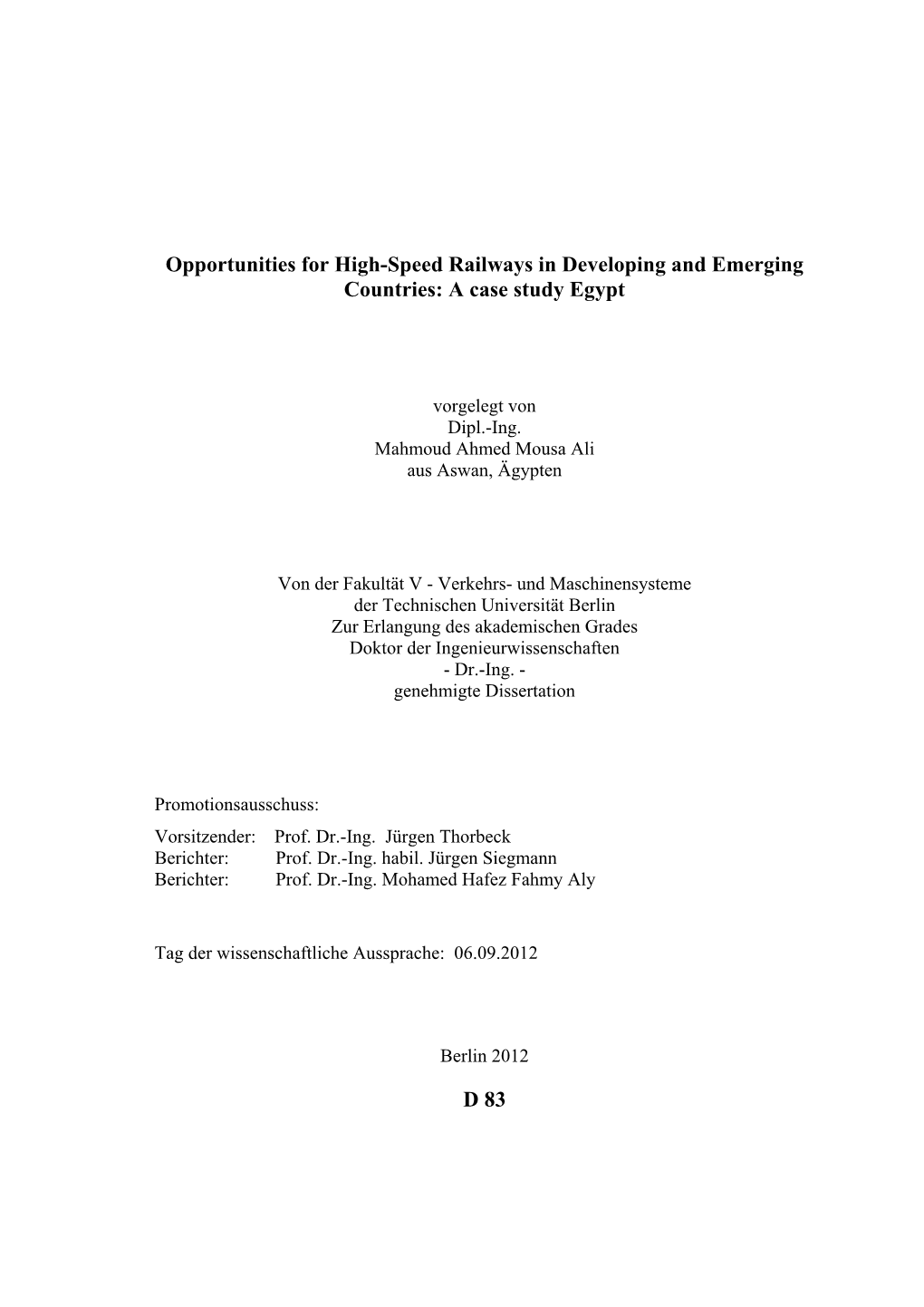 Opportunities for High-Speed Railways in Developing and Emerging Countries: a Case Study Egypt