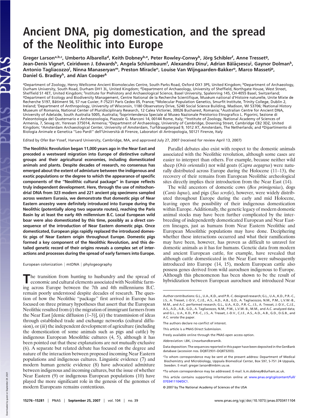 Ancient DNA, Pig Domestication, and the Spread of the Neolithic Into Europe