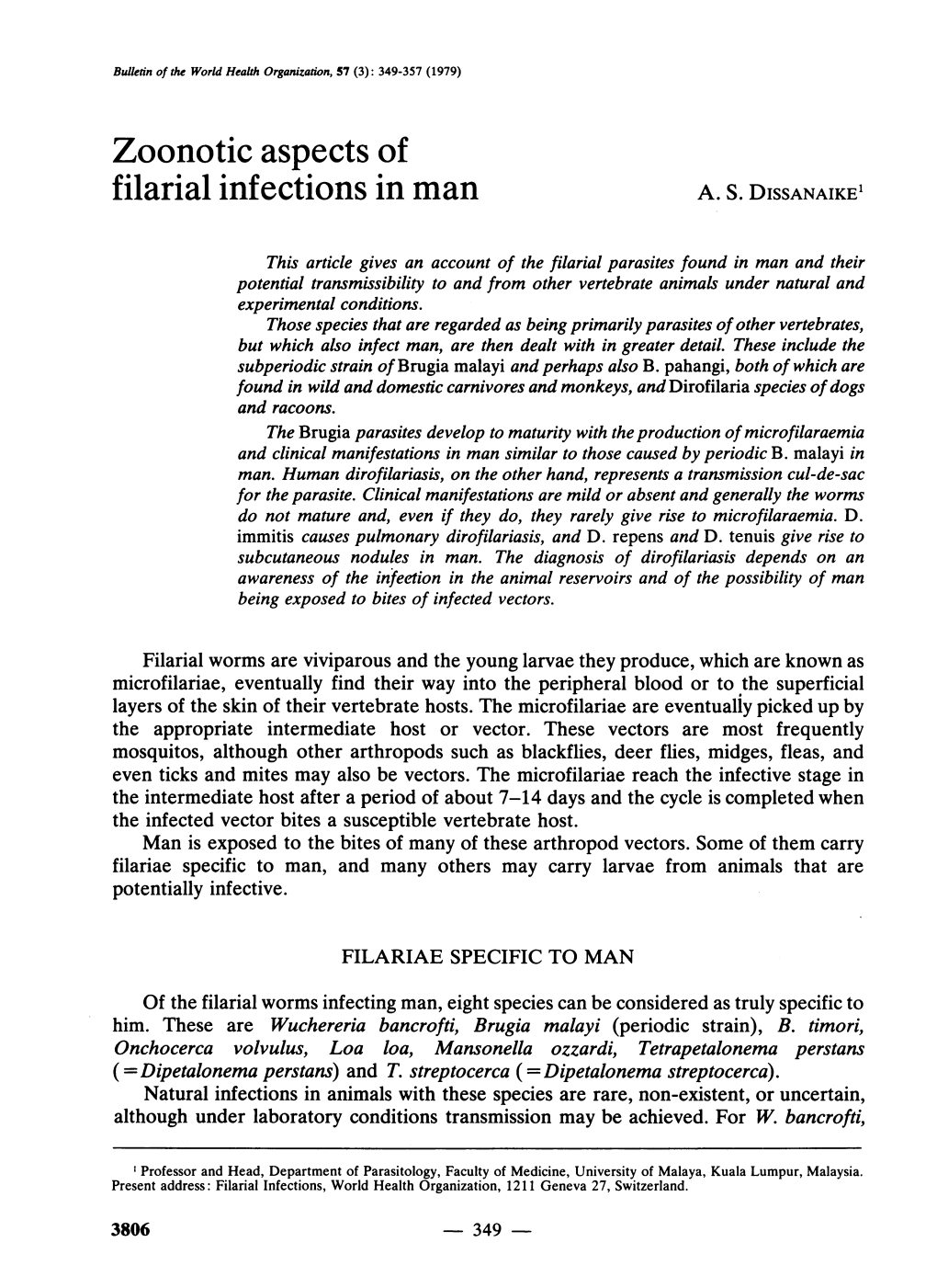 Zoonotic Aspects of A. S. DISSANAIKE'