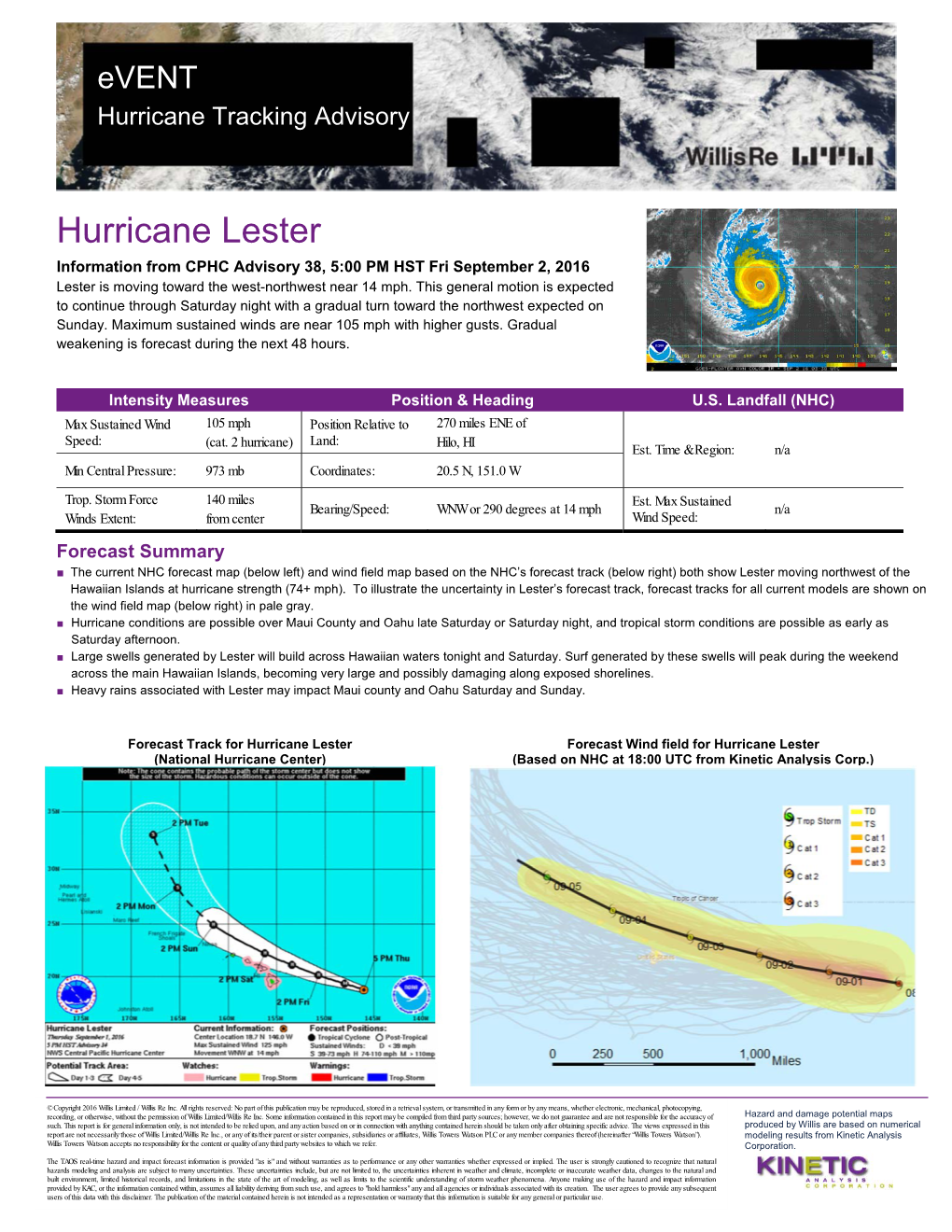 Hurricane Lester Information from CPHC Advisory 38, 5:00 PM HST Fri September 2, 2016 Lester Is Moving Toward the West-Northwest Near 14 Mph