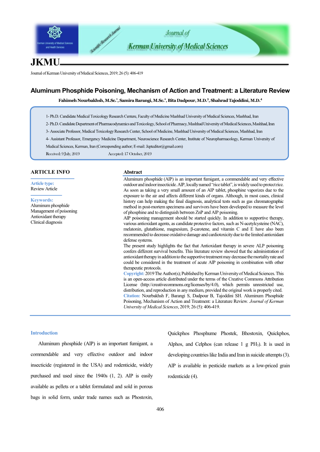 Aluminum Phosphide Poisoning, Mechanism of Action and Treatment: a Literature Review