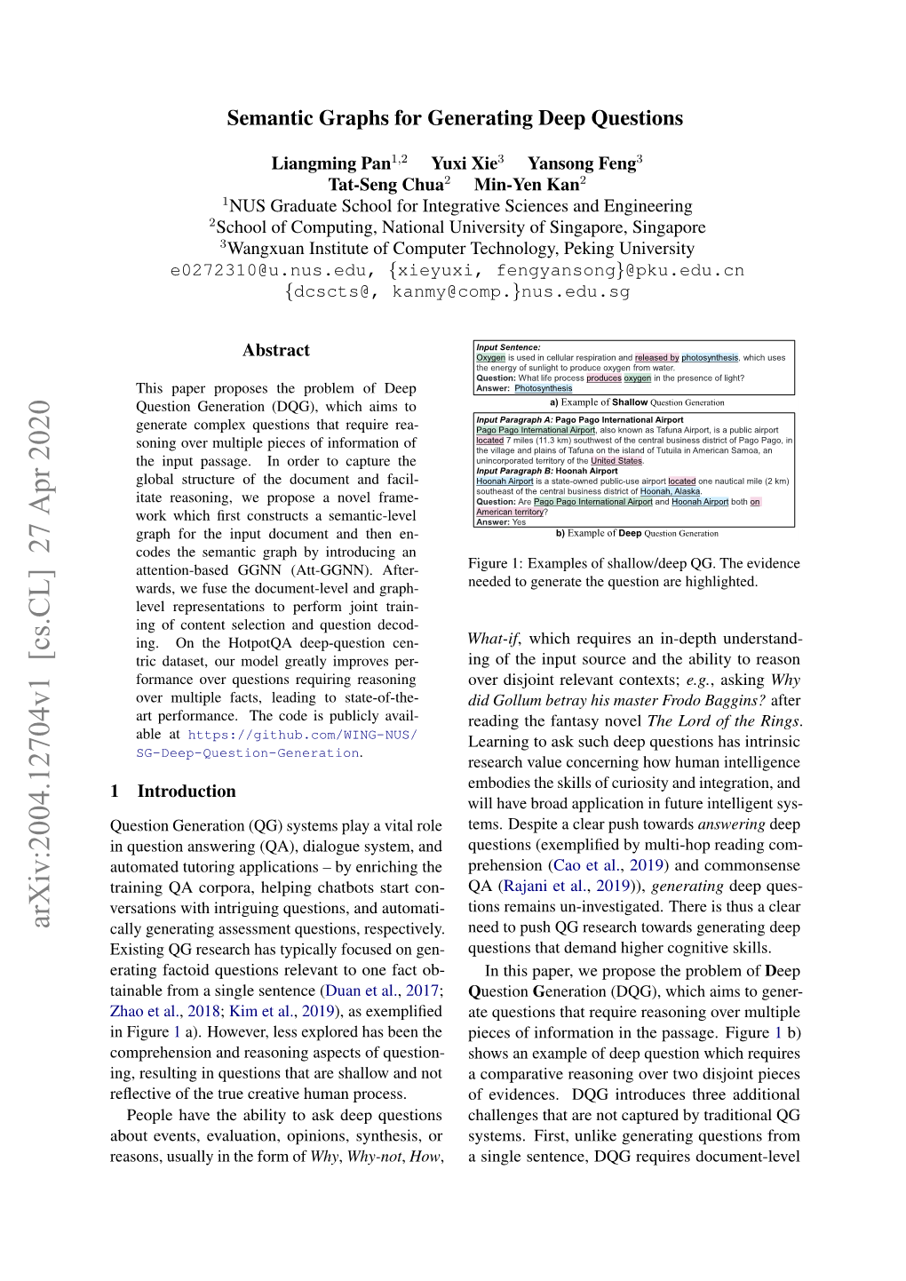 Arxiv:2004.12704V1 [Cs.CL] 27 Apr 2020 Cally Generating Assessment Questions, Respectively