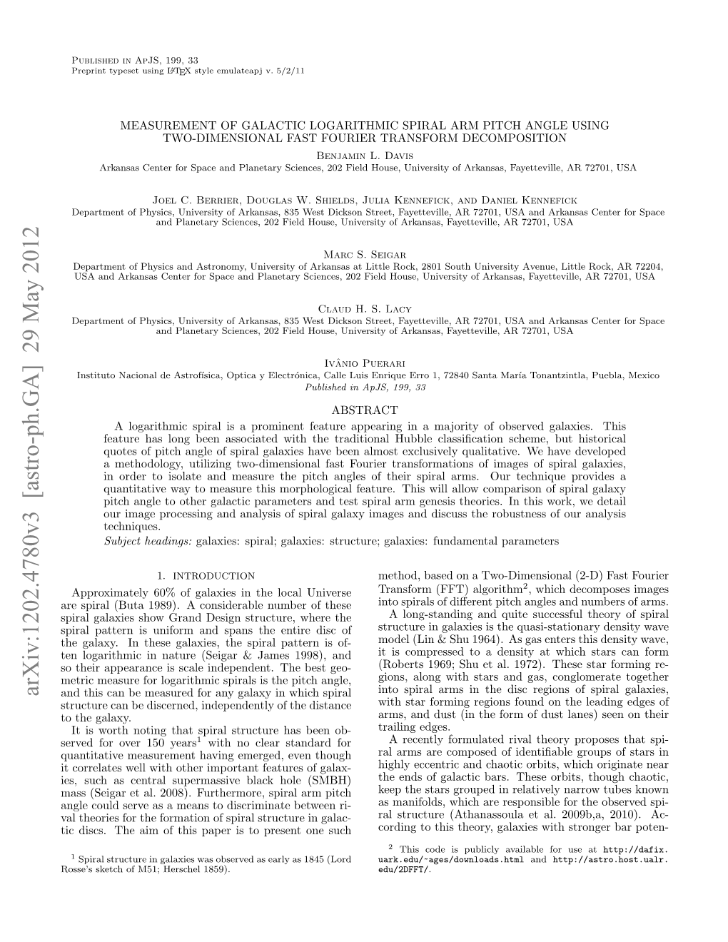 MEASUREMENT of GALACTIC LOGARITHMIC SPIRAL ARM PITCH ANGLE USING TWO-DIMENSIONAL FAST FOURIER TRANSFORM DECOMPOSITION Benjamin L