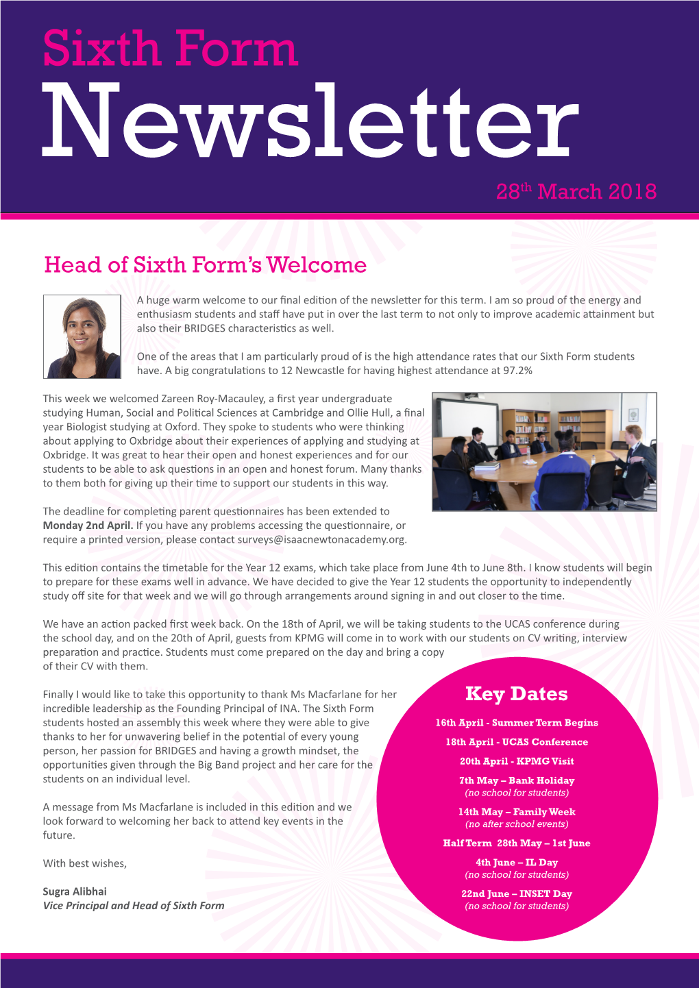 Sixth Form Newsletter 28Th March 2018