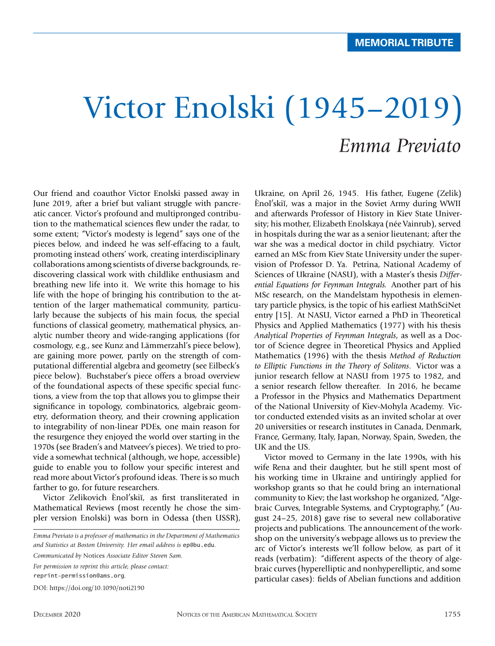 Victor Enolski (1945–2019) Emma Previato