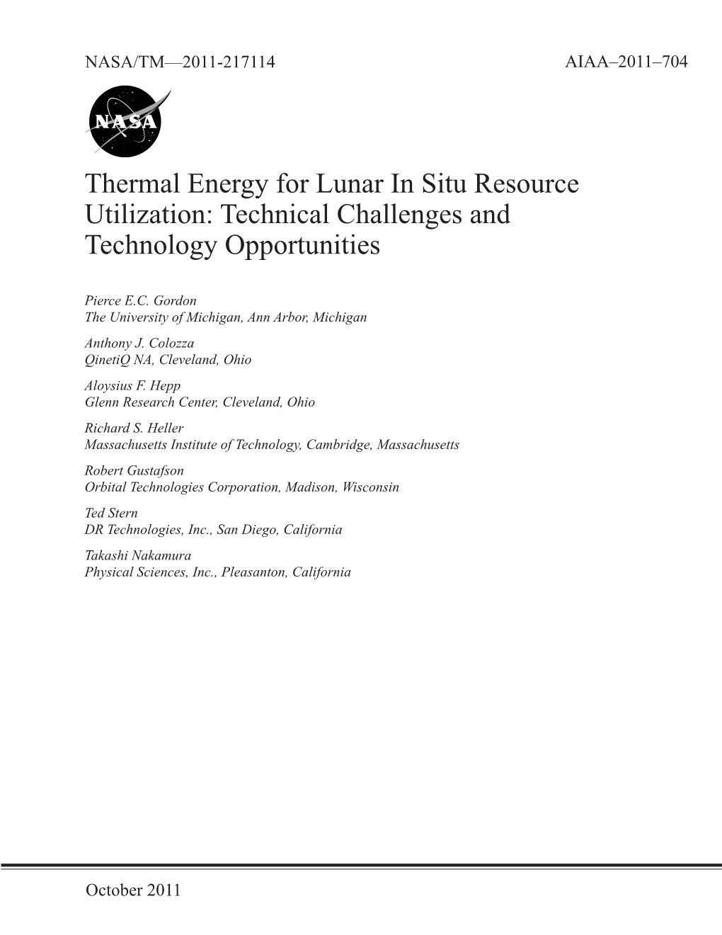 Thermal Energy for Lunar in Situ Resource Utilization: Technical Challenges and Technology Opportunities