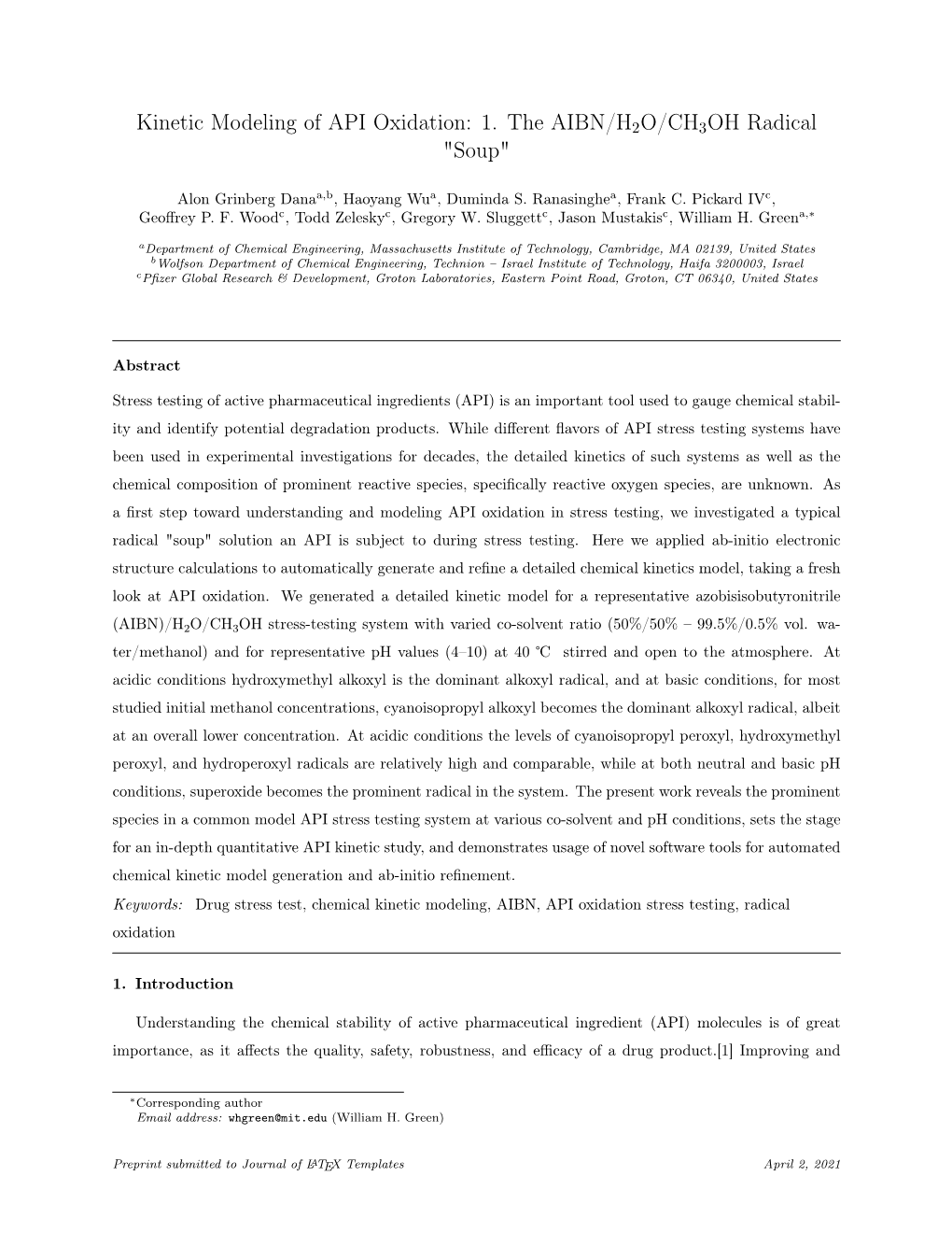 Kinetic Modeling of API Oxidation: 1. the AIBN/H2O/CH3OH Radical 