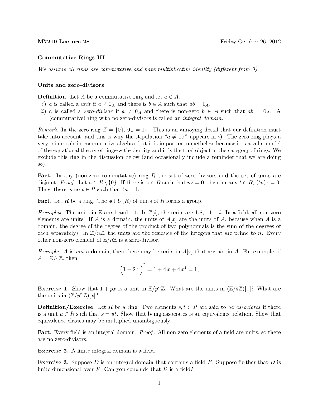 28. Com. Rings: Units and Zero-Divisors