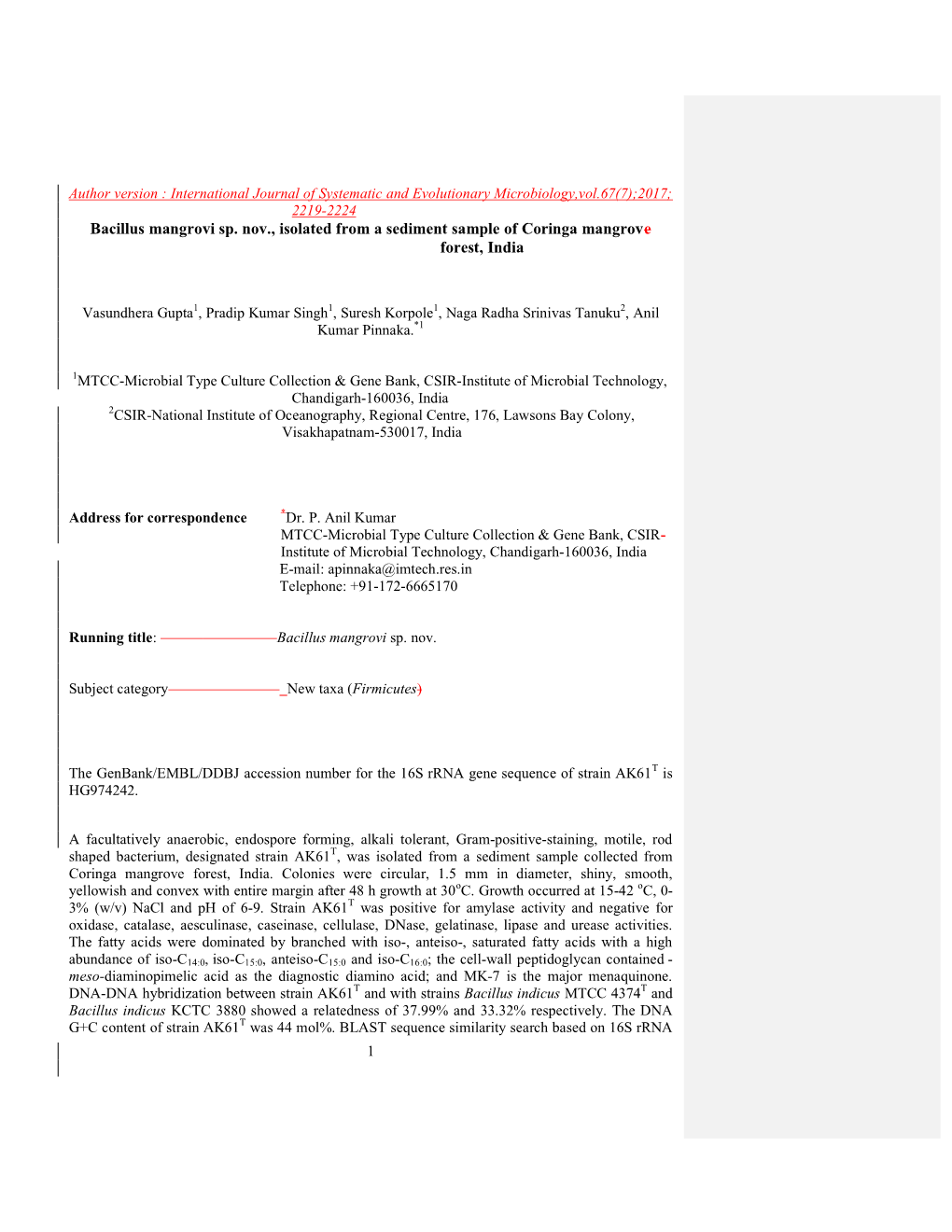 Bacillus Mangrovi Sp. Nov., Isolated from a Sediment Sample of Coringa Mangrove Forest, India