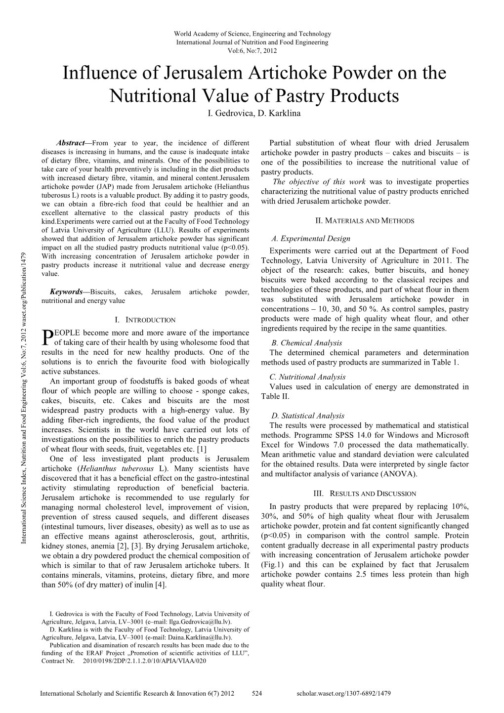 Influence of Jerusalem Artichoke Powder on the Nutritional Value Of