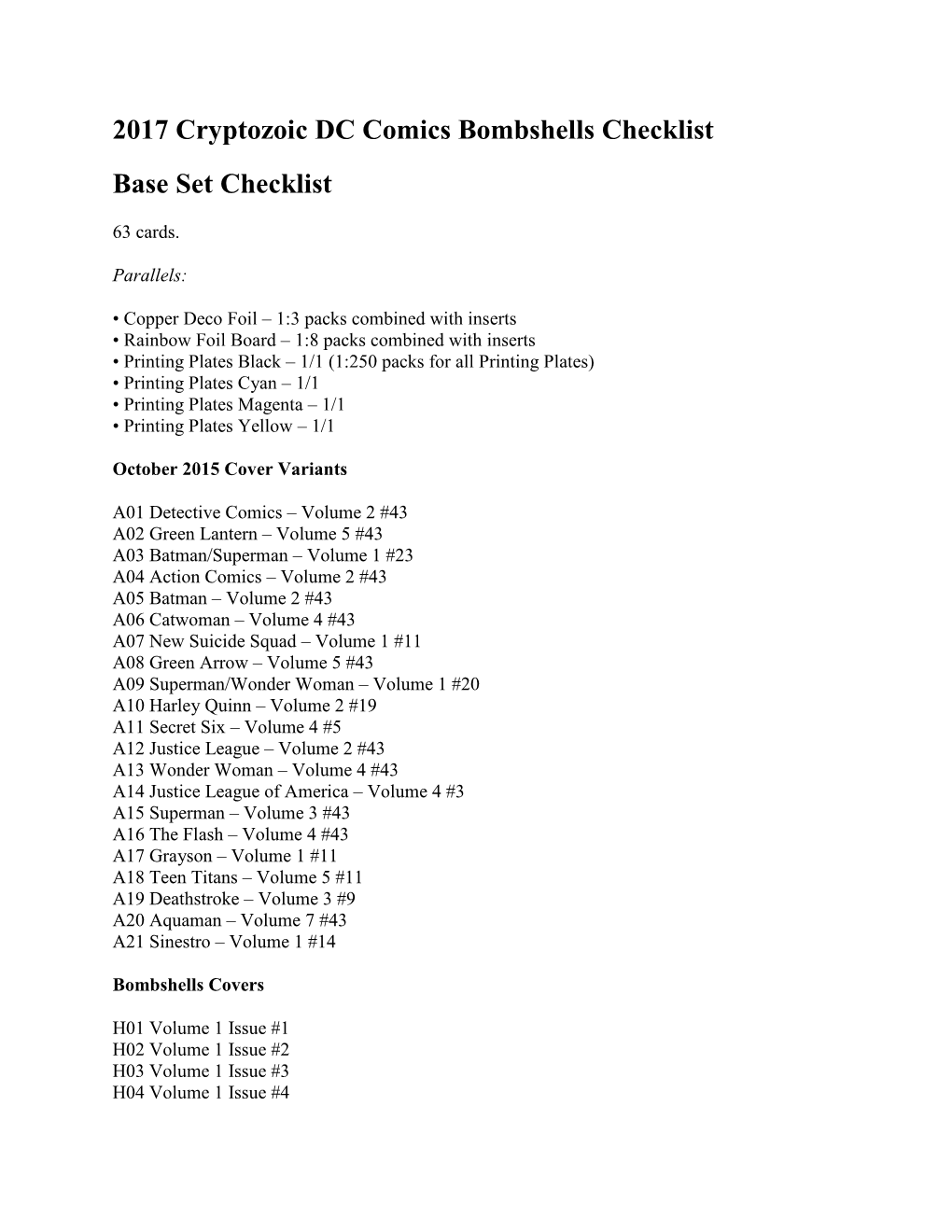 2017 Cryptozoic DC Comics Bombshells Checklist Base Set Checklist