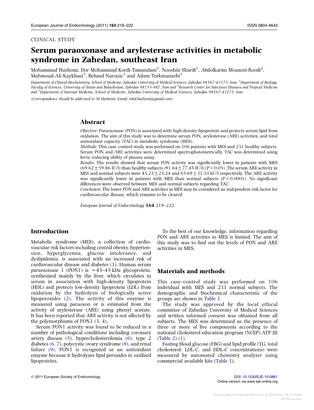 Serum Paraoxonase and Arylesterase Activities in Metabolic Syndrome In