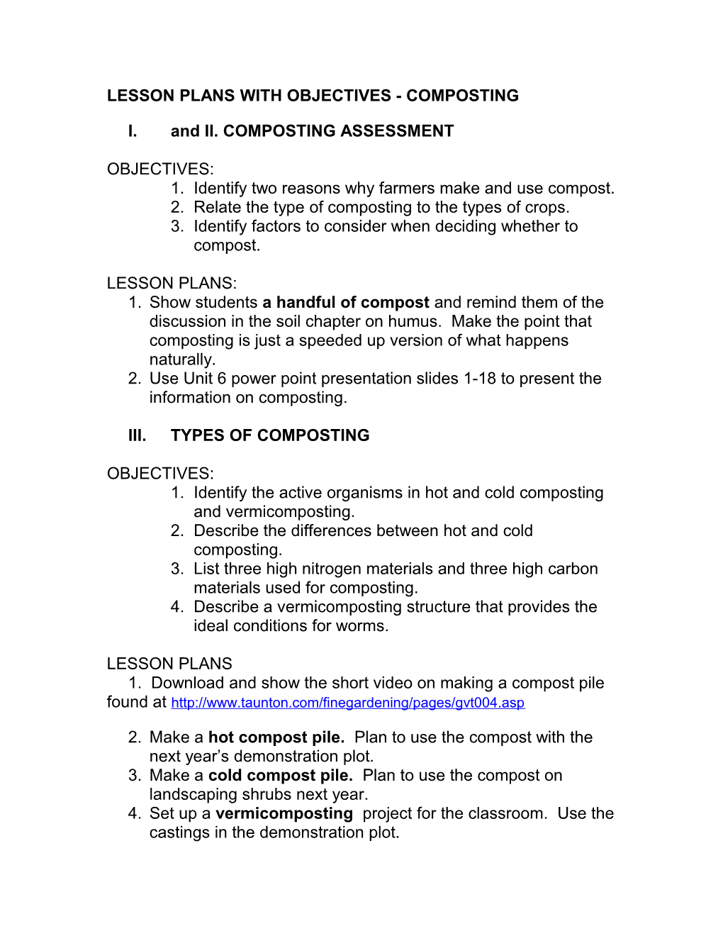 Objectives and Lesson Plans