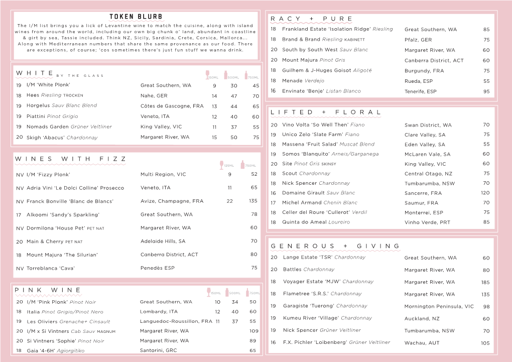 Page 1 the I/M List Brings You a Lick of Levantine Wine to Match the Cuisine