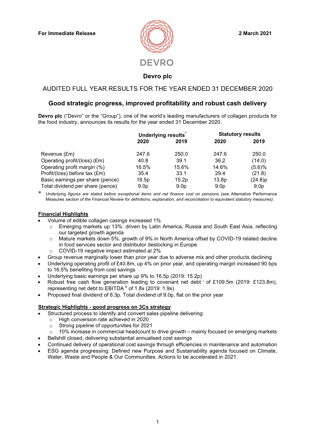 Devro Plc AUDITED FULL YEAR RESULTS for the YEAR ENDED 31 DECEMBER 2020