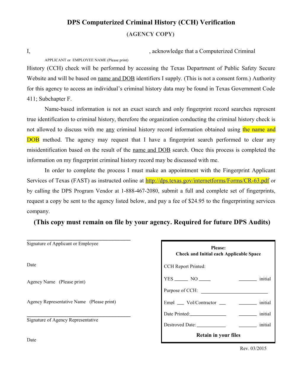 DPS Computerized Criminal History (CCH) Verification