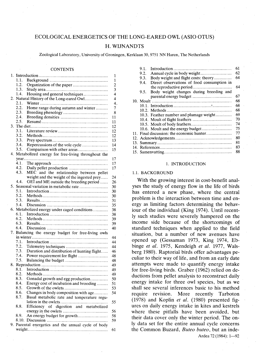 Ecological Energetics of the Long-Eared Owl (Asio Otus) H