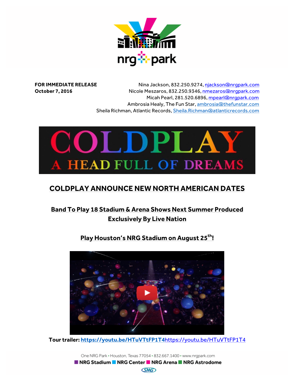 Coldplay NRG Park Media Alert