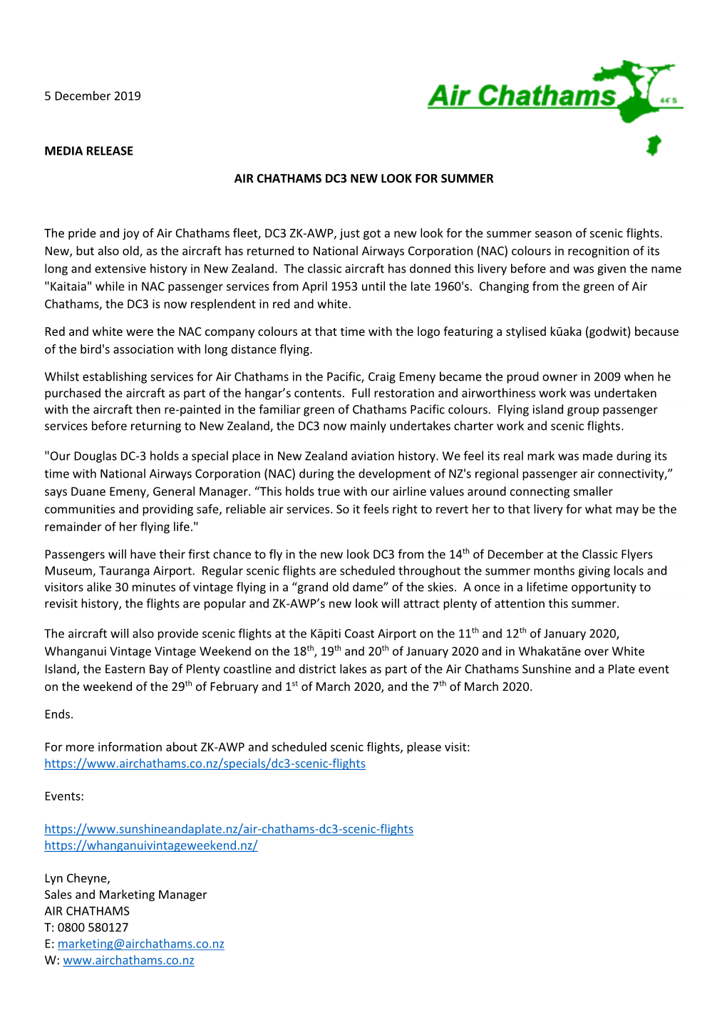 5 December 2019 MEDIA RELEASE AIR CHATHAMS DC3 NEW LOOK