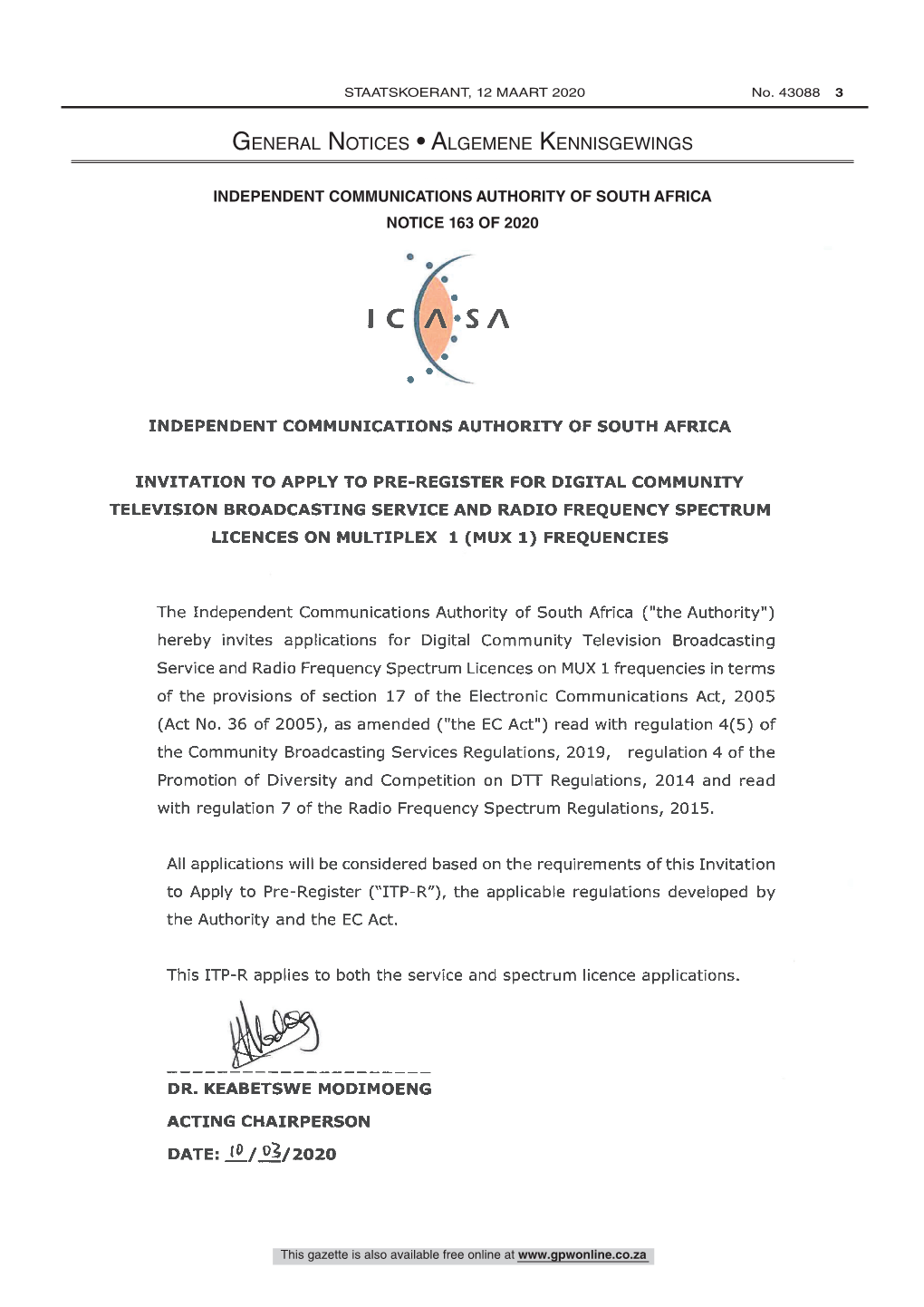 Pre-Register for Digital Community Television Broadcasting Service and Radio Frequency Spectrum Licences on Multiplex 1 (Mux 1) Frequencies 43088