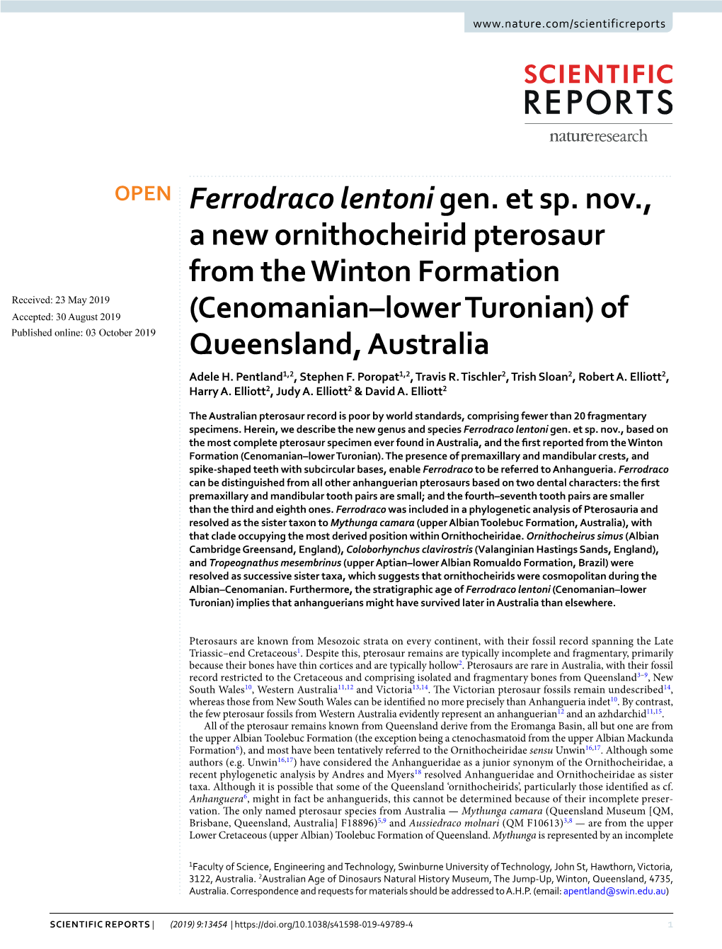 Ferrodraco Lentoni Gen. Et Sp. Nov., a New Ornithocheirid