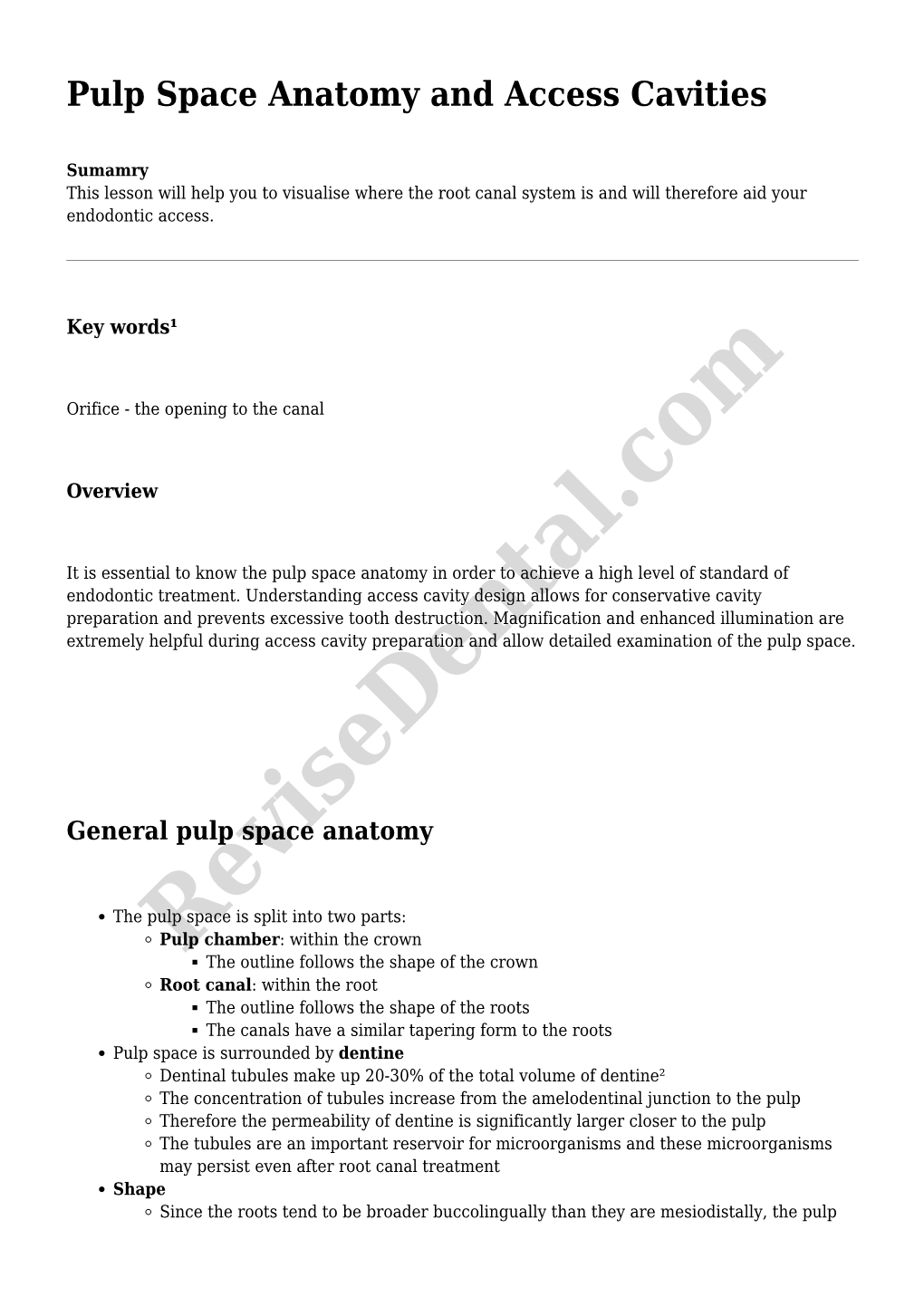 Pulp Space Anatomy and Access Cavities