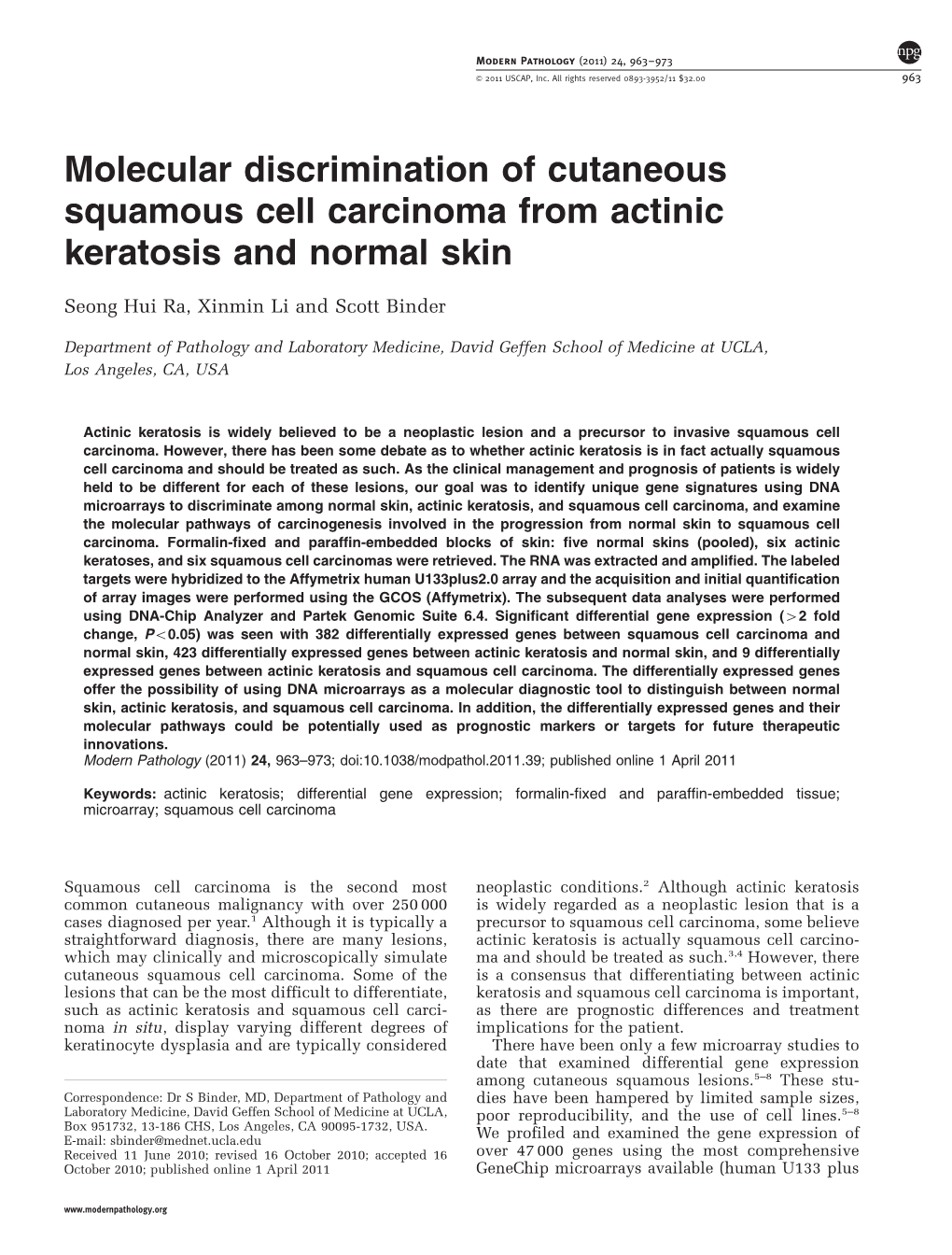 Molecular Discrimination of Cutaneous Squamous Cell Carcinoma from Actinic Keratosis and Normal Skin