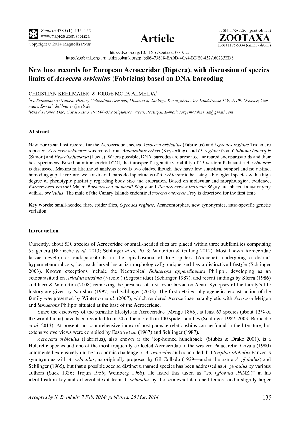 Diptera), with Discussion of Species Limits of Acrocera Orbiculus (Fabricius) Based on DNA-Barcoding