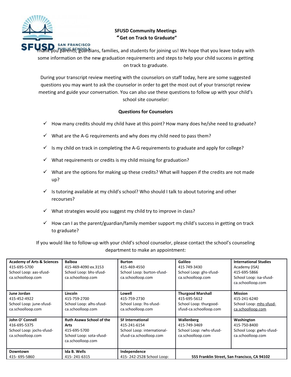 SFUSD Community Meetings