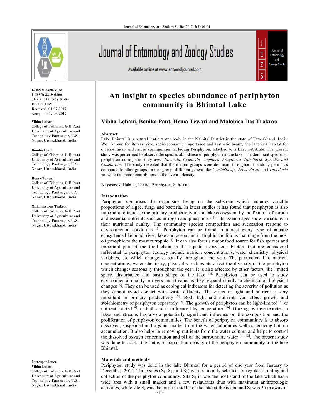 An Insight to Species Abundance of Periphyton Community in Bhimtal Lake