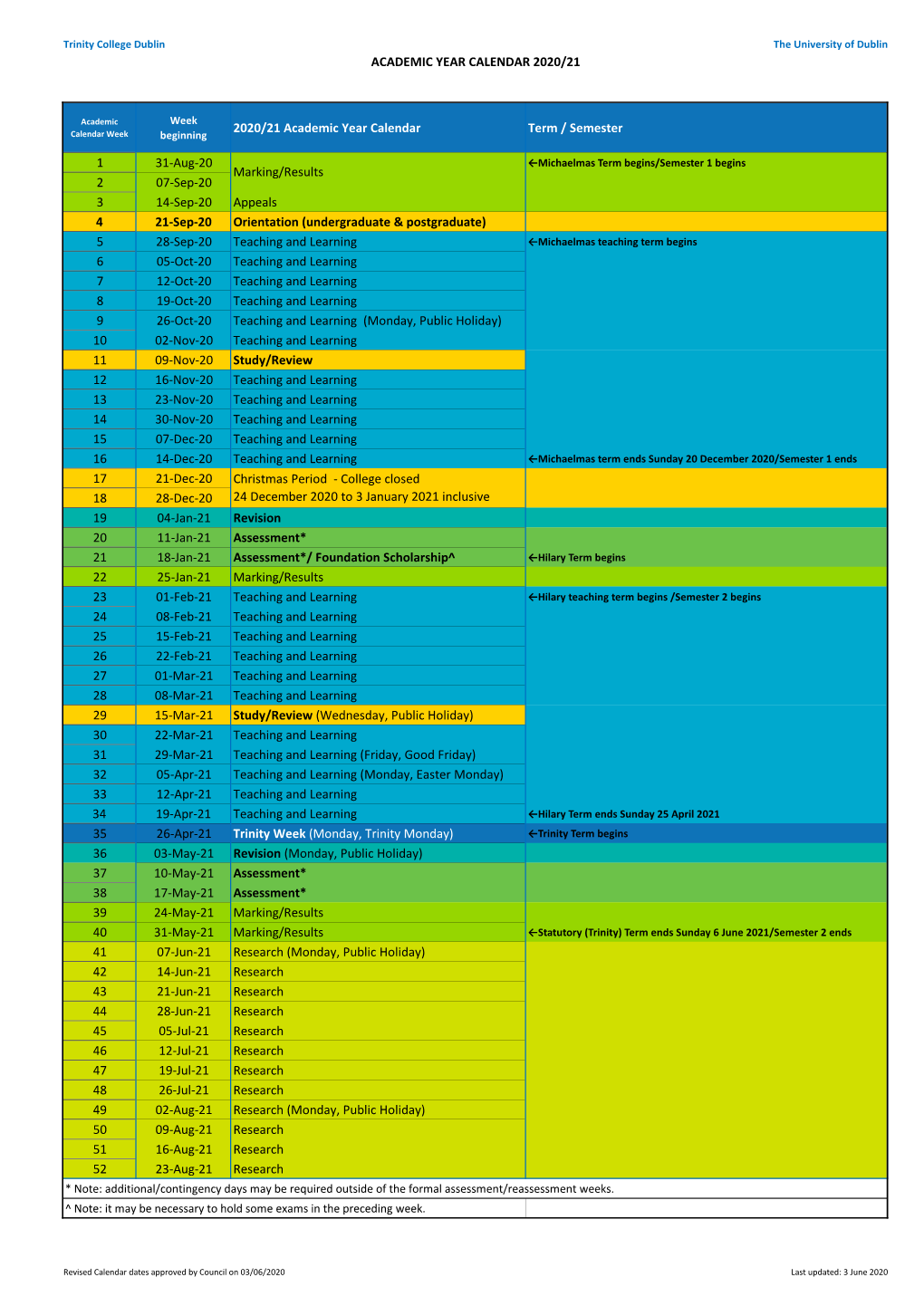 Academic Year Calendar 2020/21