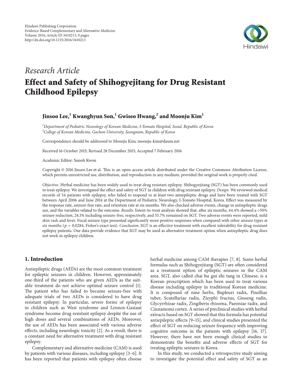 Effect and Safety of Shihogyejitang for Drug Resistant Childhood Epilepsy