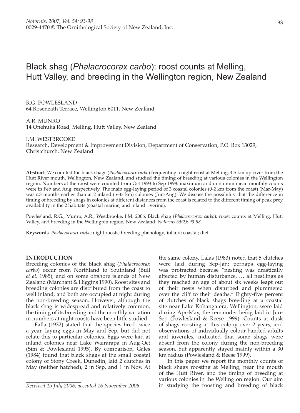 Black Shag (Phalacrocorax Carbo): Roost Counts at Melling, Hutt Valley, and Breeding in the Wellington Region, New Zealand