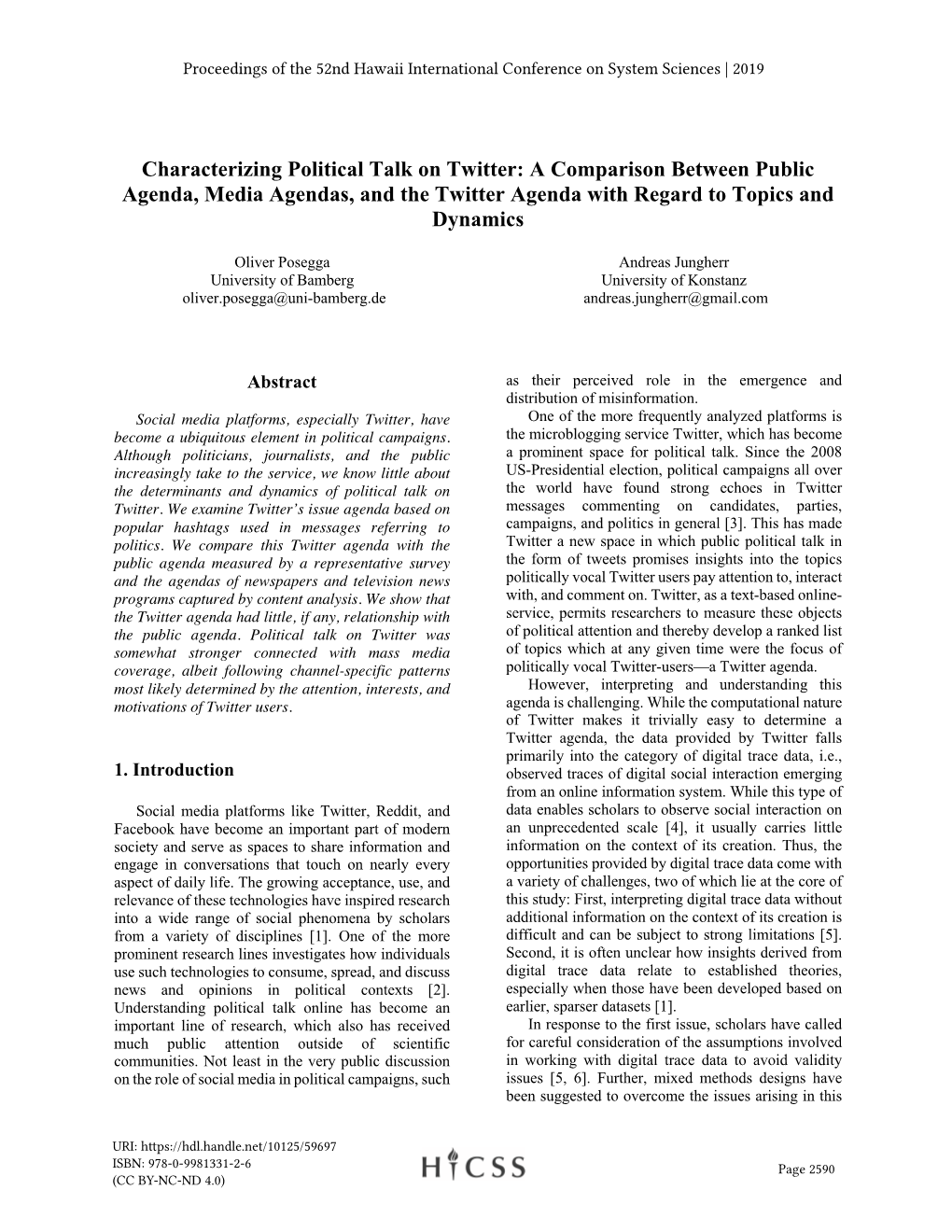 Characterizing Political Talk on Twitter: a Comparison Between Public Agenda, Media Agendas, and the Twitter Agenda with Regard to Topics and Dynamics