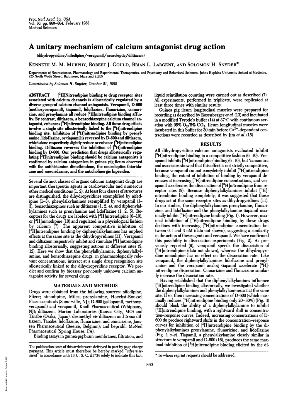 A Unitary Mechanism of Calcium Antagonist Drug Action '(Dihydropyridine/Nifedipine/Verapamil/Neuroleptic/Diltiazem) KENNETH M