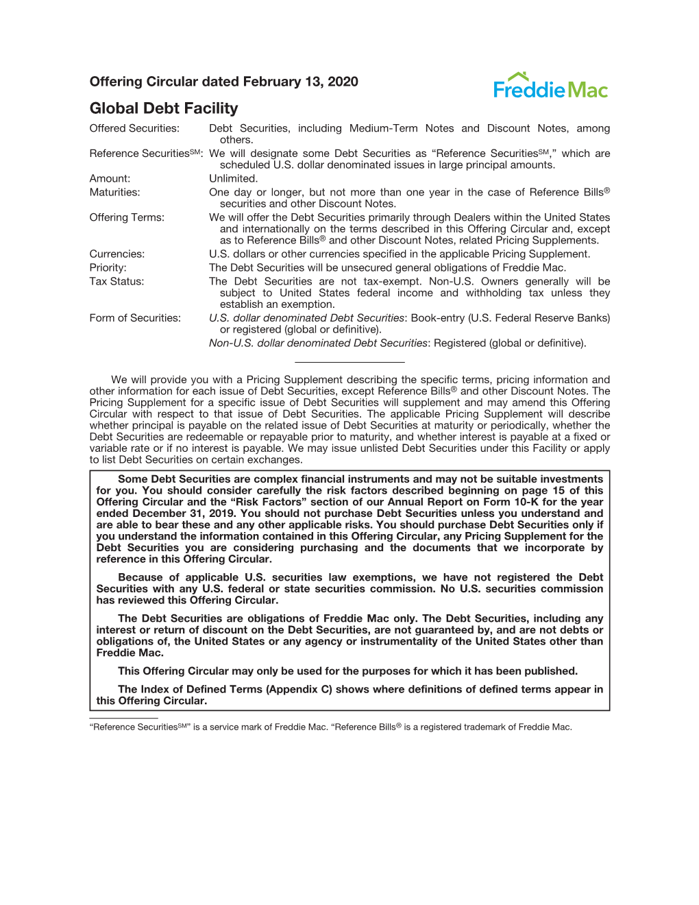 Offering Circular Dated February 13, 2020 Global Debt Facility Offered Securities: Debt Securities, Including Medium-Term Notes and Discount Notes, Among Others