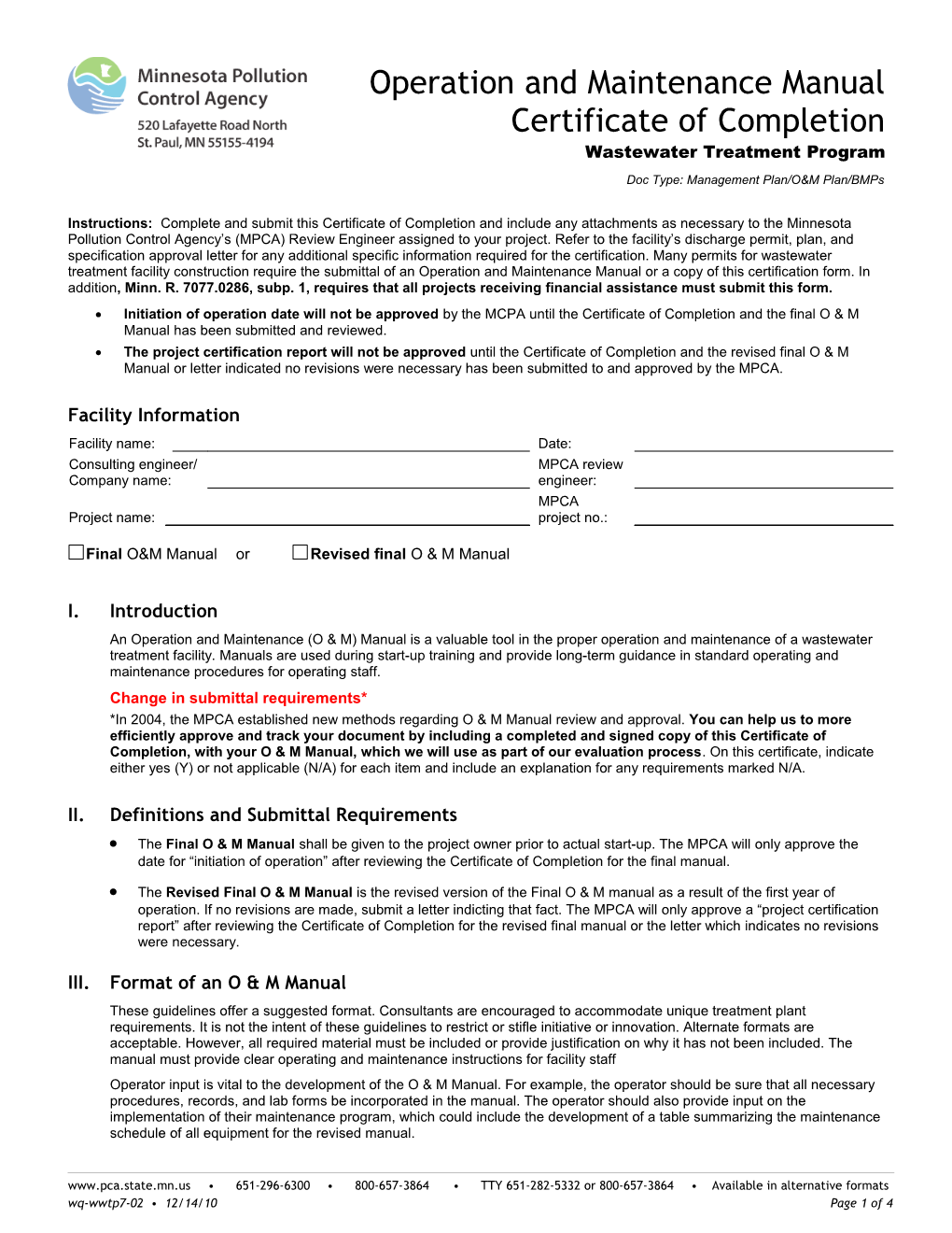 Operation and Maintenance Manual Certification of Completion - Form