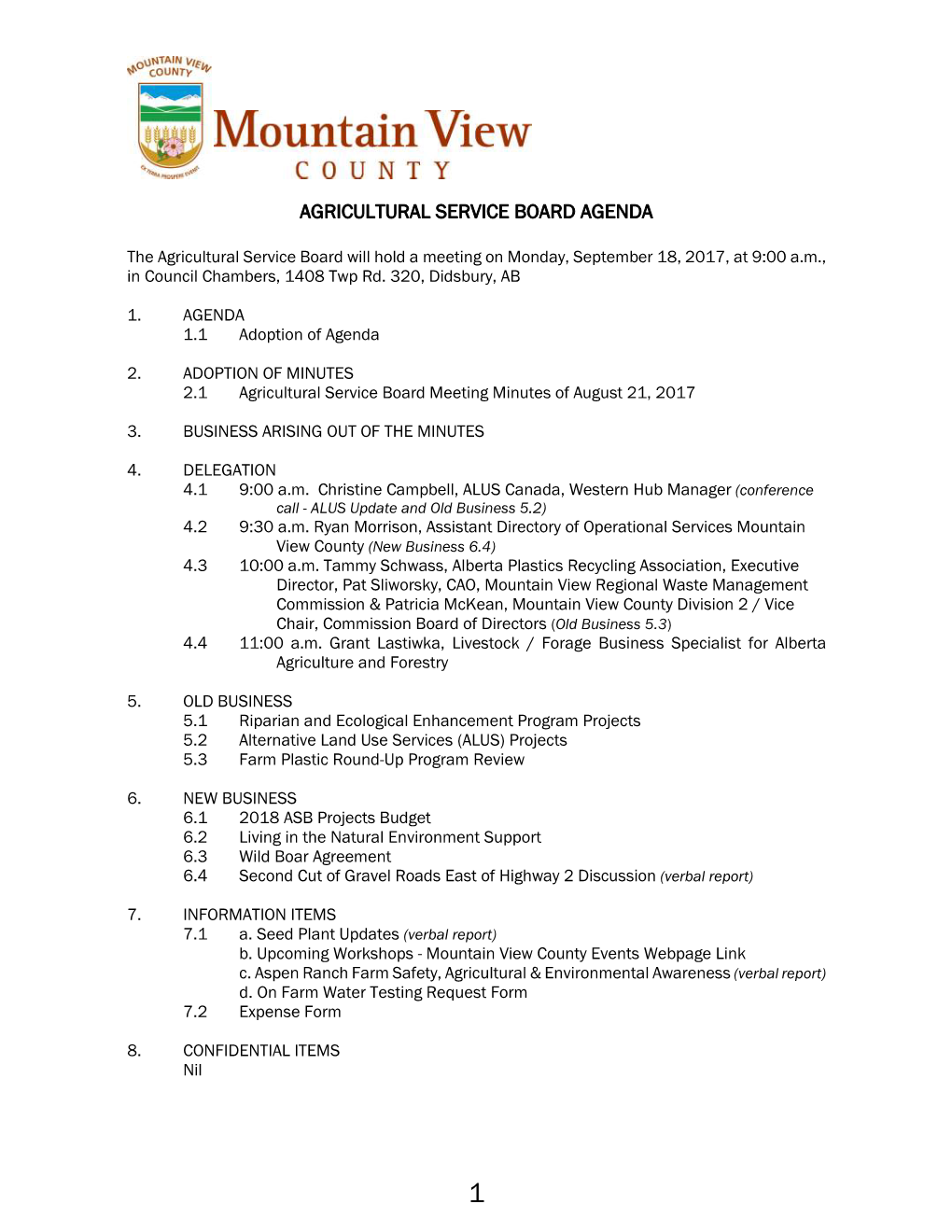 Agricultural Service Board Agenda