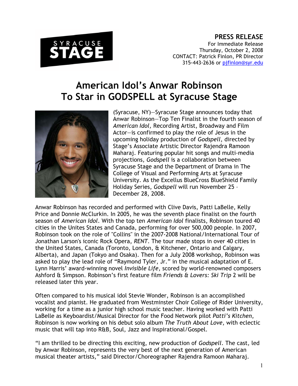 American Idol's Anwar Robinson to Star in GODSPELL at Syracuse Stage