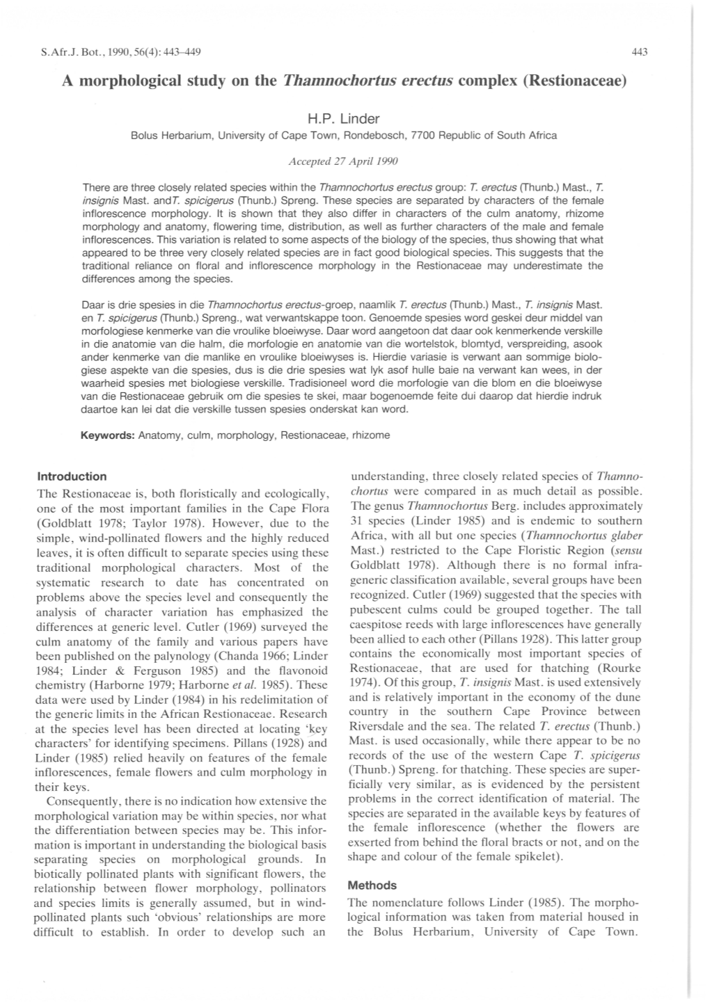 A Morphological Study on the Thamnochortus Erectus Complex (Restionaceae)