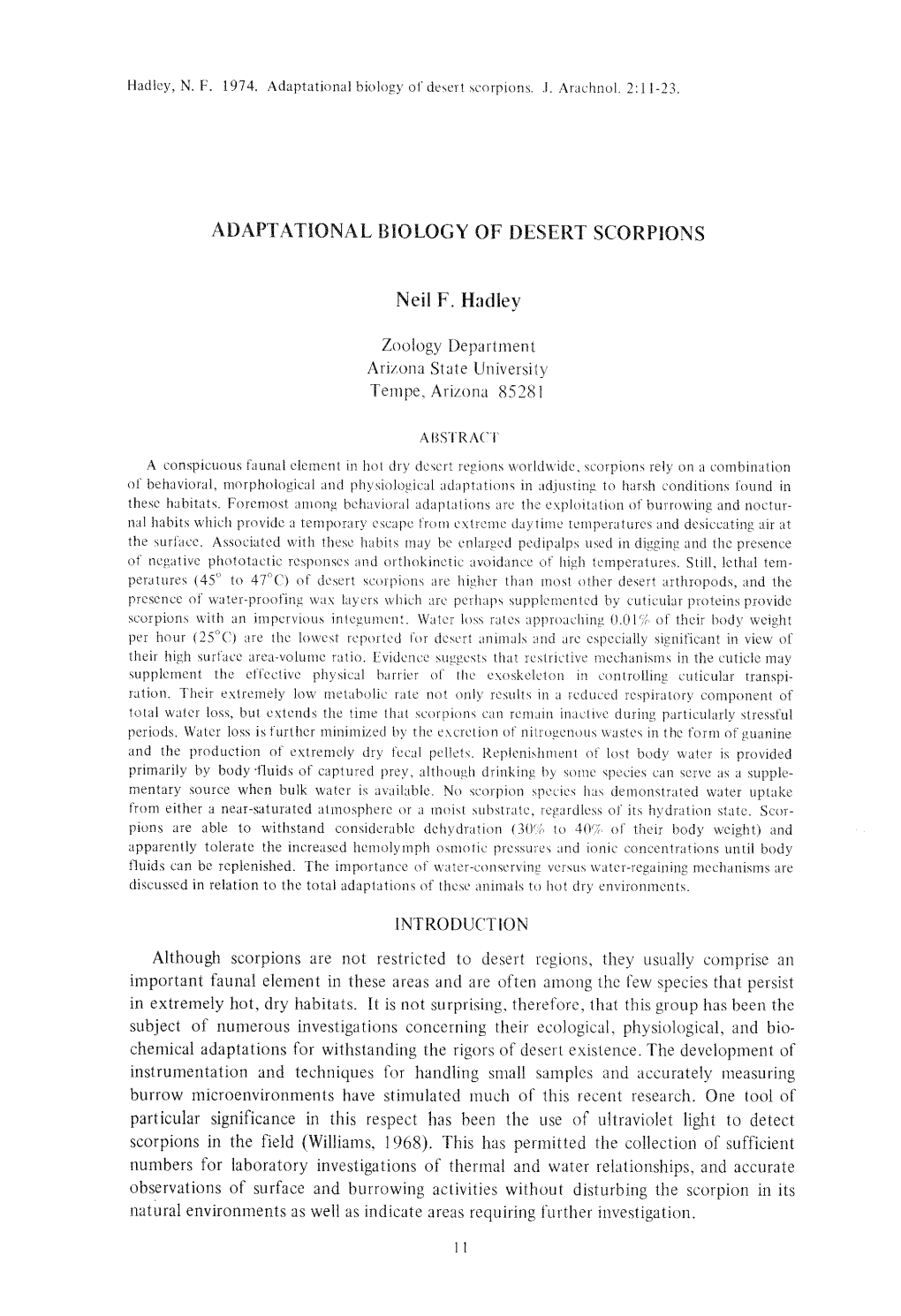 ADAPTATIONAL BIOLOGY of DESERT SCORPION S Neil F