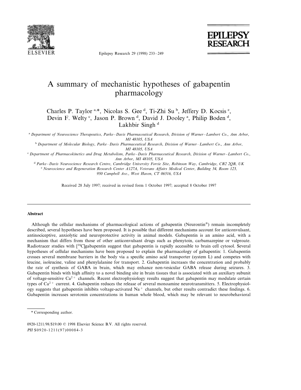 A Summary of Mechanistic Hypotheses of Gabapentin Pharmacology