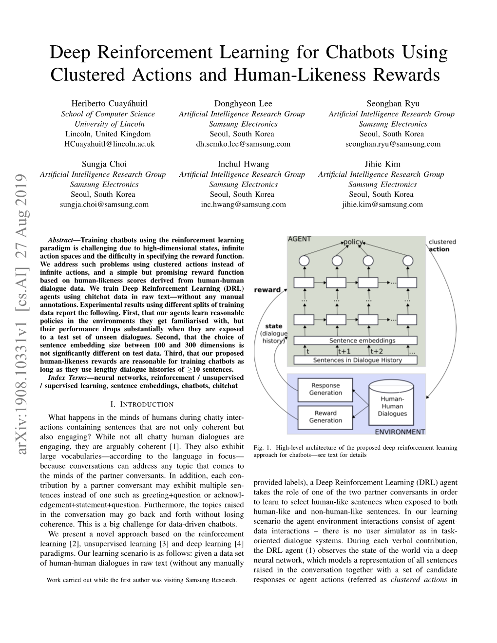 Deep Reinforcement Learning for Chatbots Using Clustered Actions and Human-Likeness Rewards