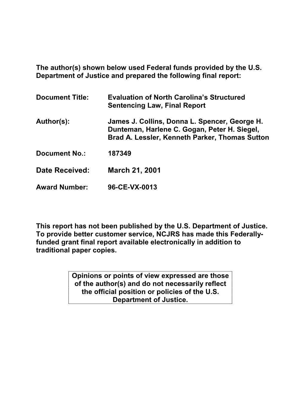 Evaluation of North Carolina's Structured Sentencing Law, Final