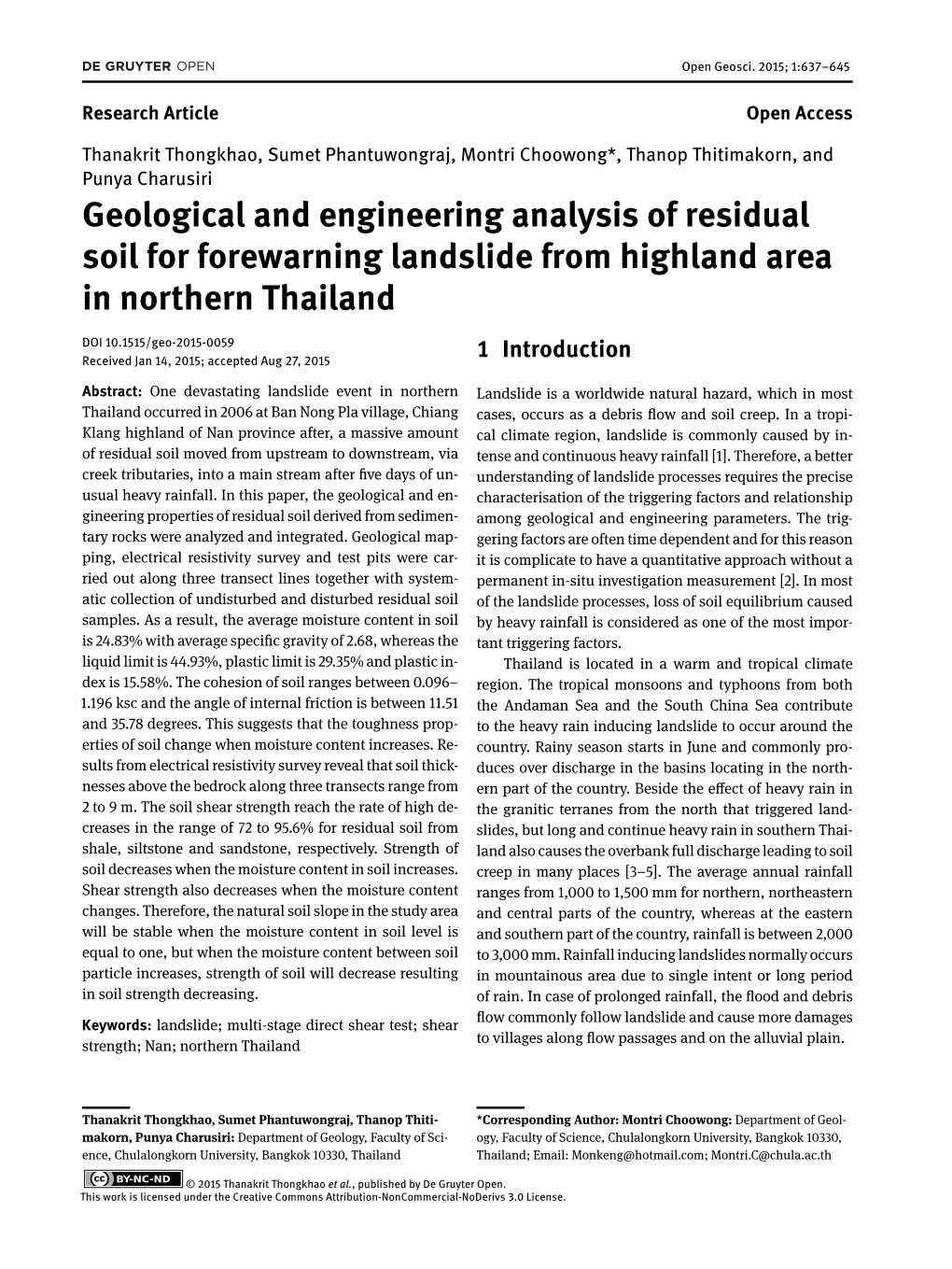 Geological and Engineering Analysis of Residual Soil for Forewarning Landslide from Highland Area in Northern Thailand