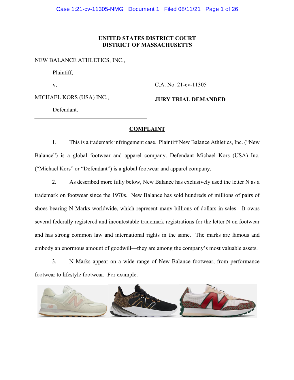 UNITED STATES DISTRICT COURT DISTRICT of MASSACHUSETTS NEW BALANCE ATHLETICS, INC., Plaintiff, V. MICHAEL KORS (USA) INC., Defen