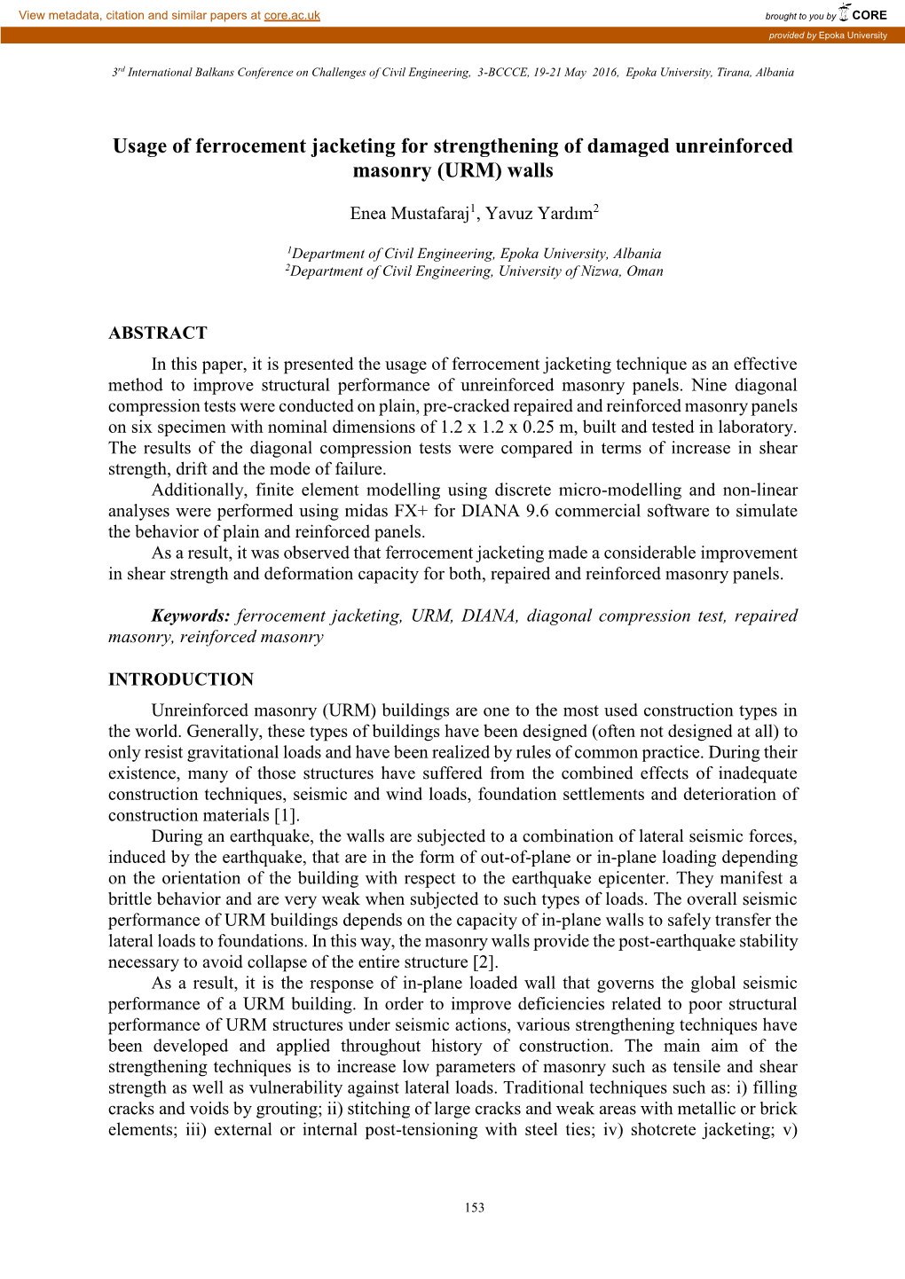 Usage of Ferrocement Jacketing for Strengthening of Damaged Unreinforced Masonry (URM) Walls