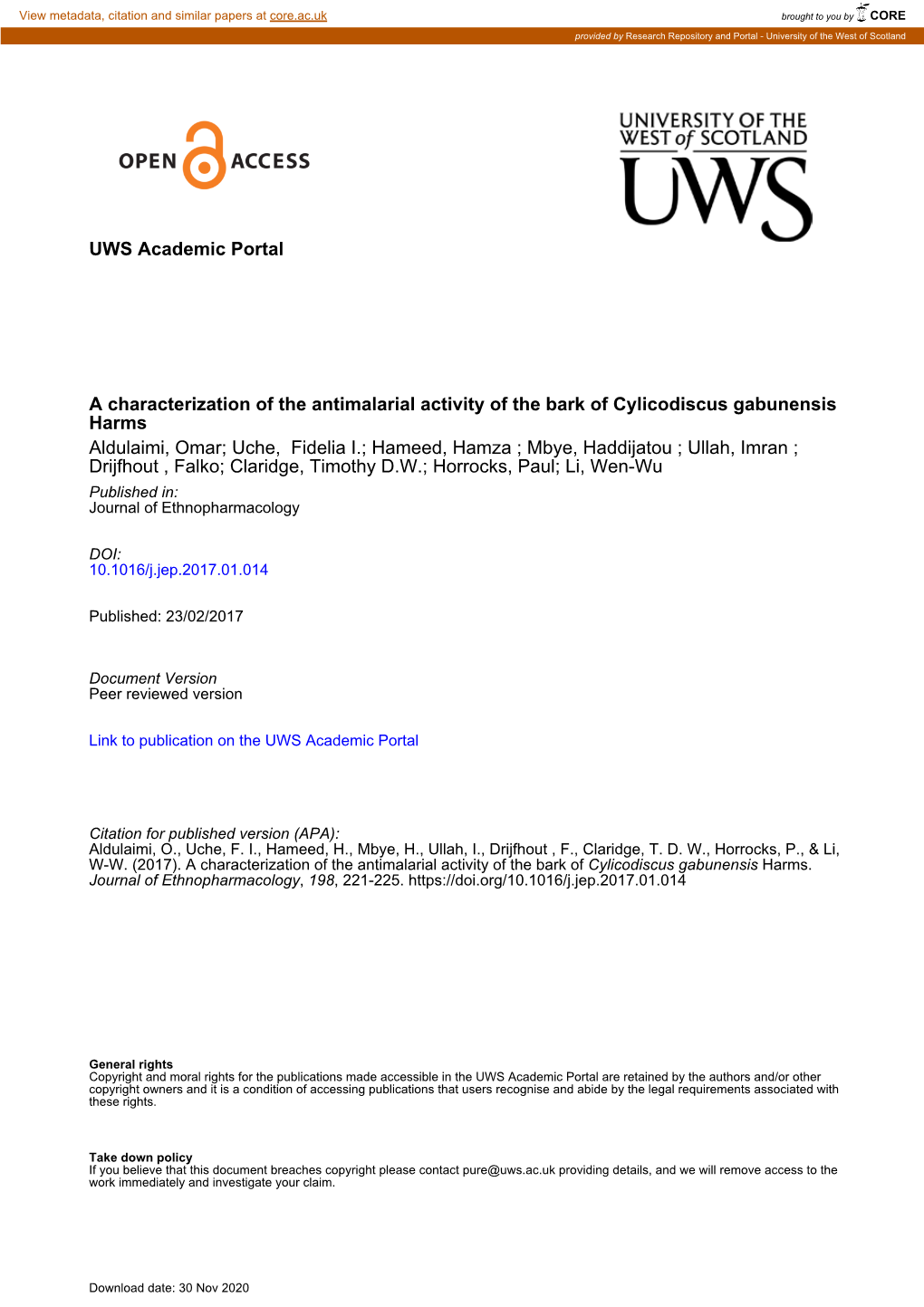 UWS Academic Portal a Characterization of the Antimalarial