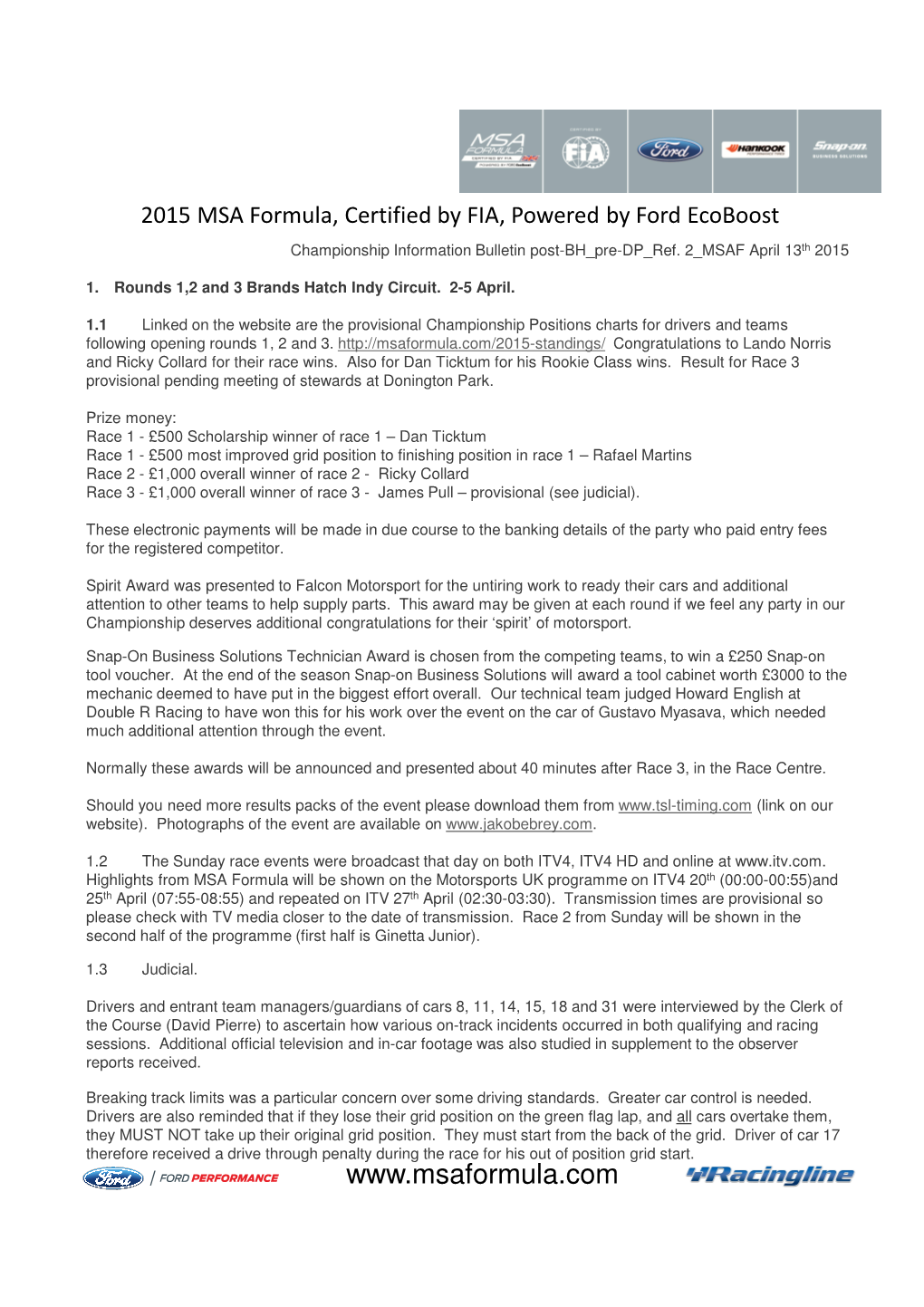 2015 MSA Formula, Certified by FIA, Powered by Ford Ecoboost