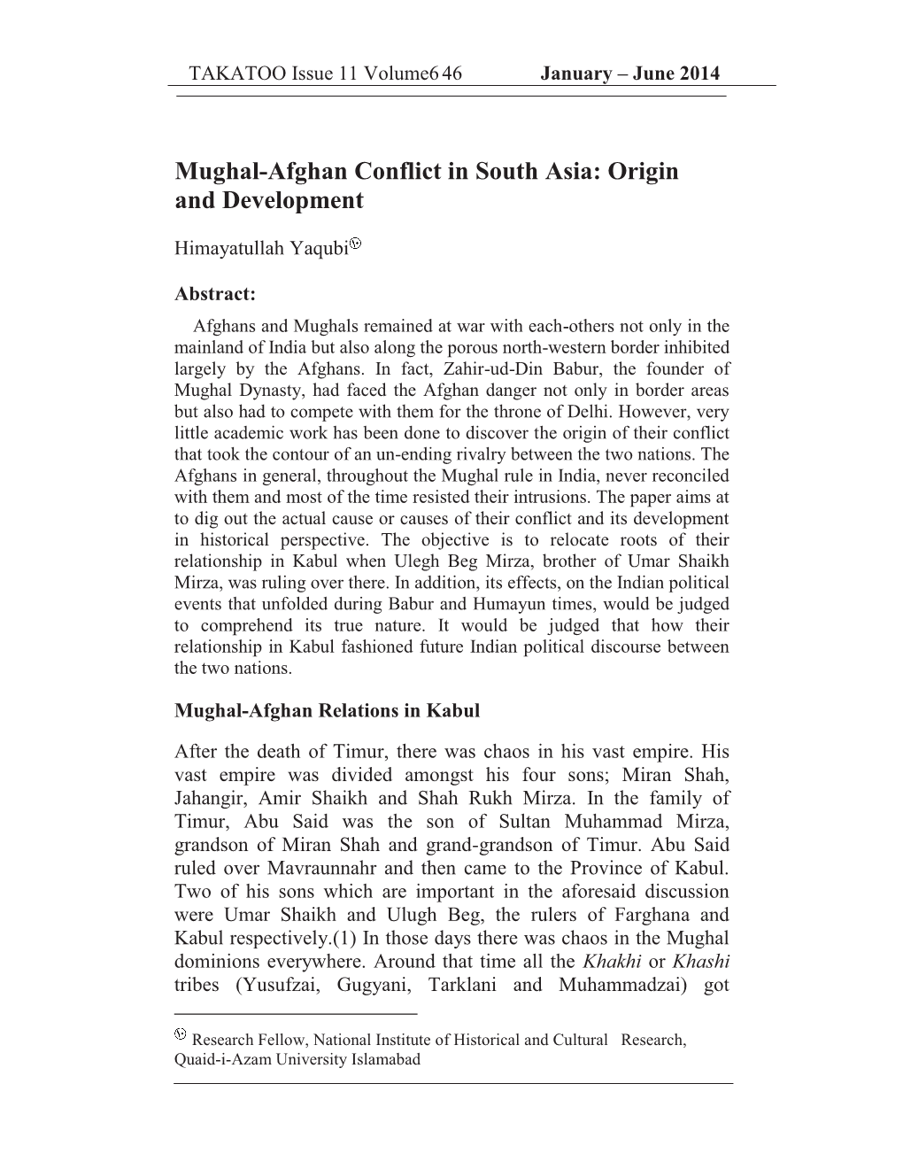 Mughal-Afghan Conflict in South Asia: Origin and Development